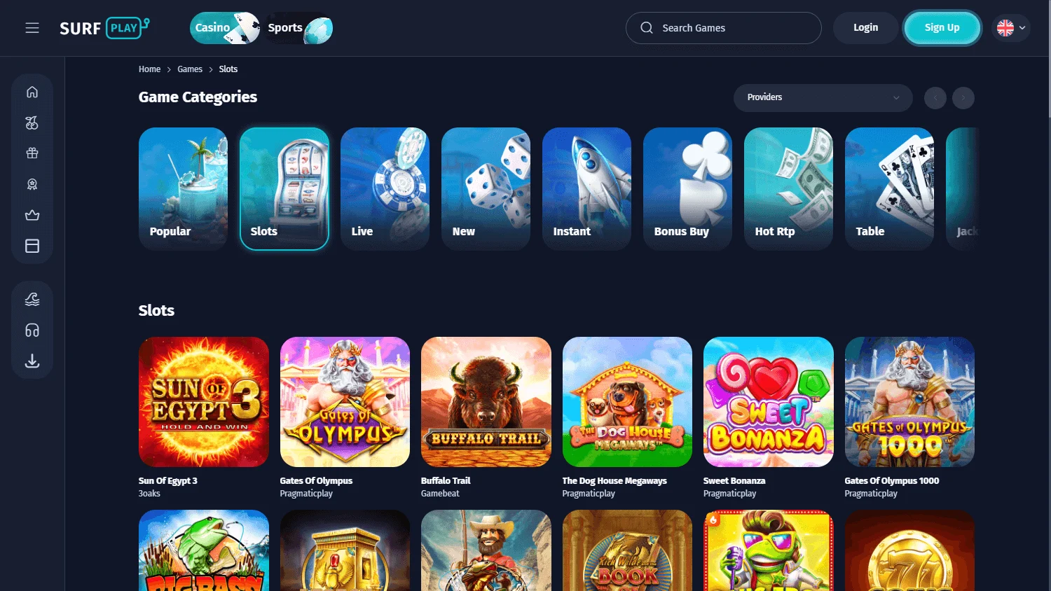 Surfplay Casino desktop games interface
