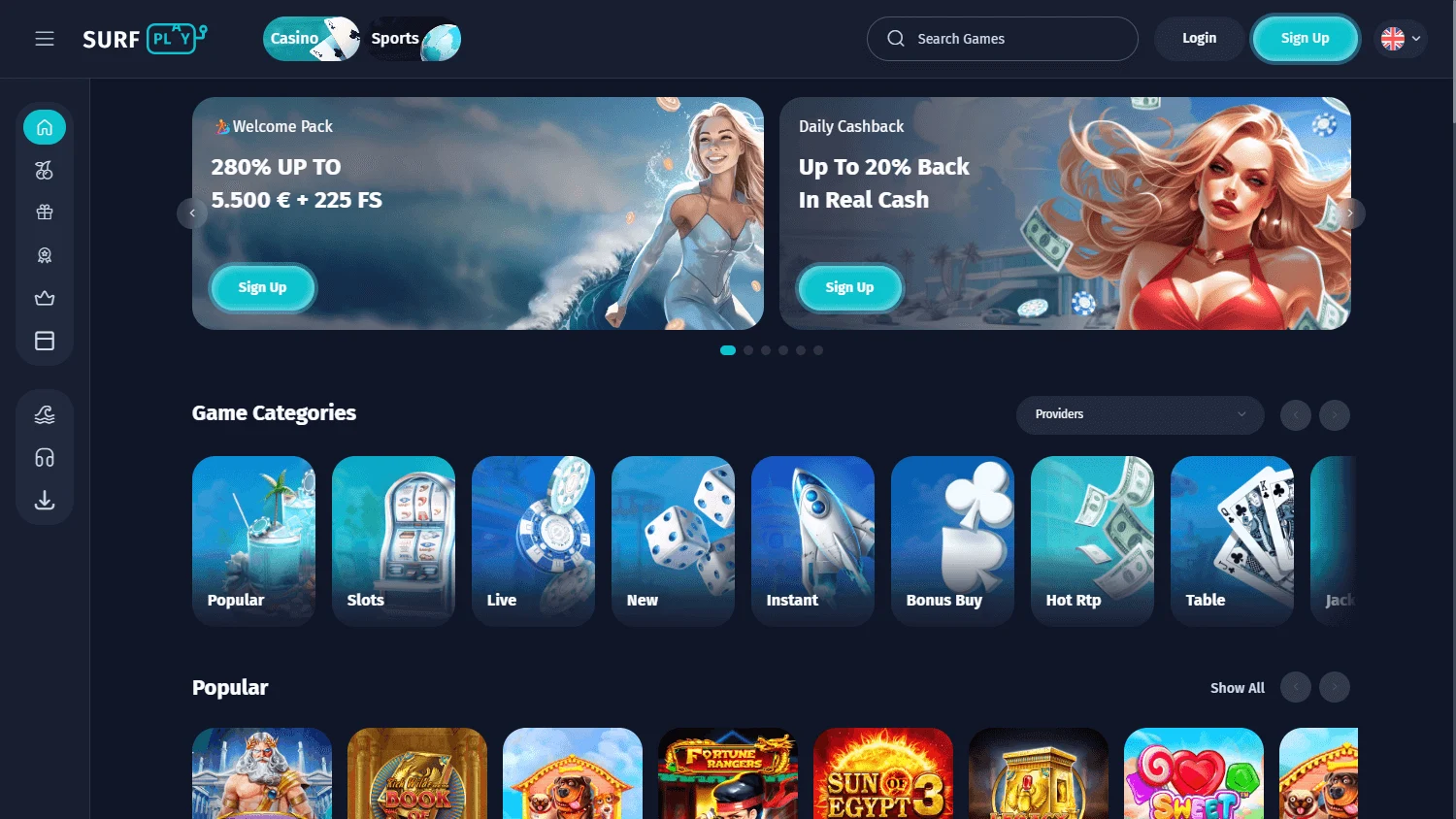 Surfplay Casino desktop home interface