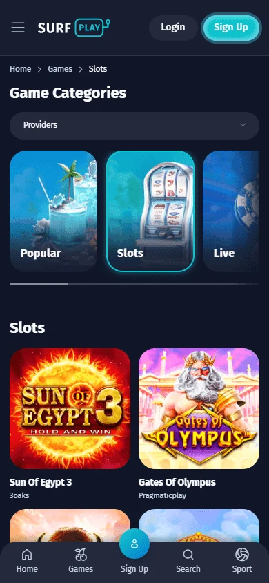 Surfplay Casino mobile games interface
