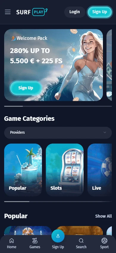 Surfplay Casino mobile home interface